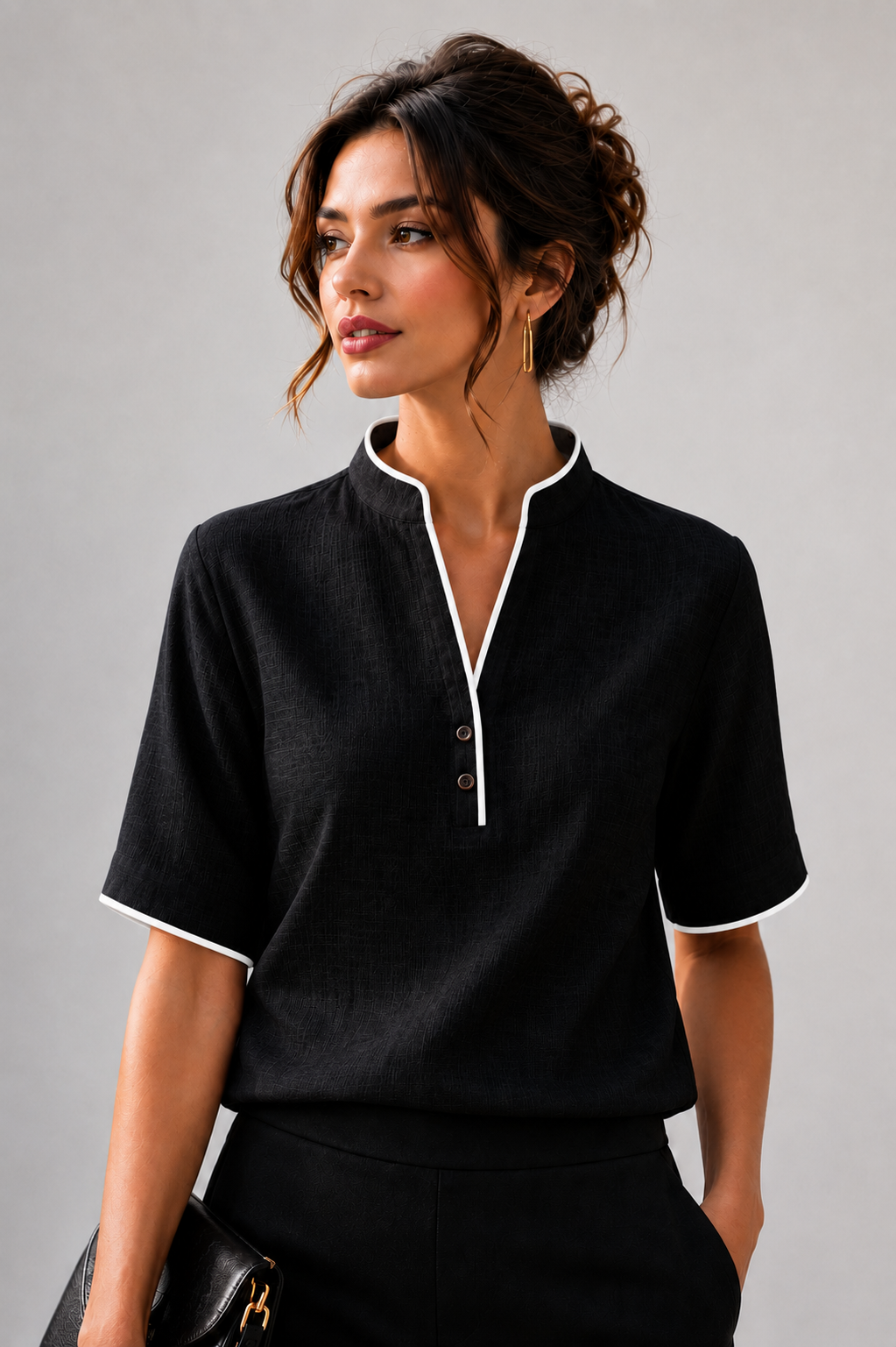 V-Neck Contrast Trim Blouse