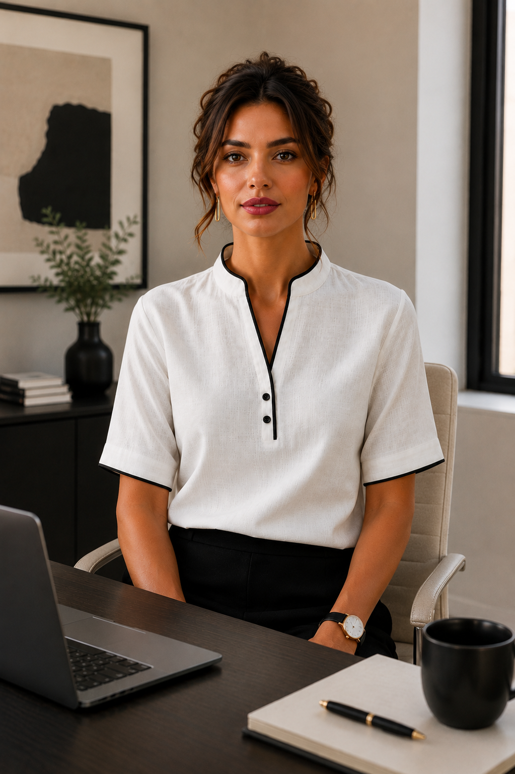 V-Neck Contrast Trim Blouse