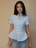 Stand Collar Puff Sleeve Blouse