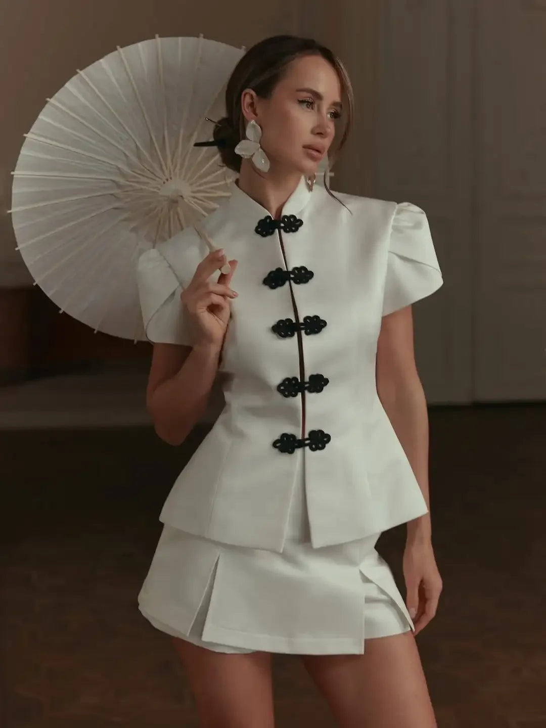 Stand Collar Puff Sleeve Blouse