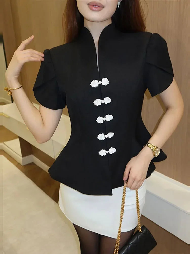 Stand Collar Puff Sleeve Blouse