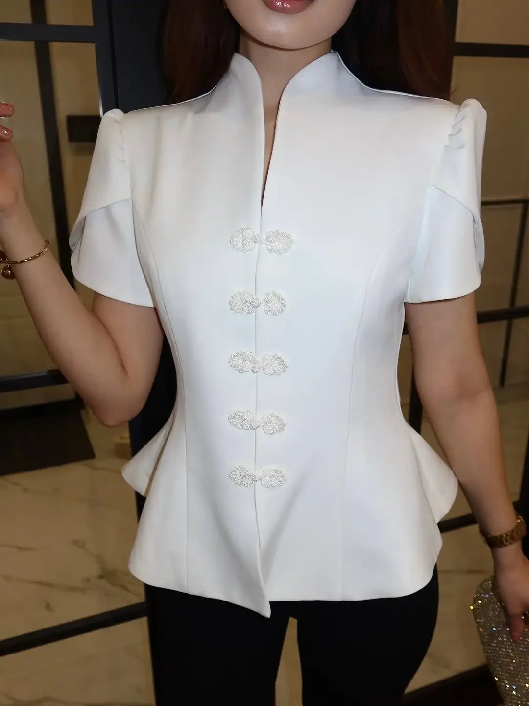 Stand Collar Puff Sleeve Blouse
